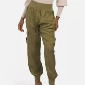ELIE TAHAIRI Jogger Pants Green Olive Branch Wide Band Cargo Cuff Satin
